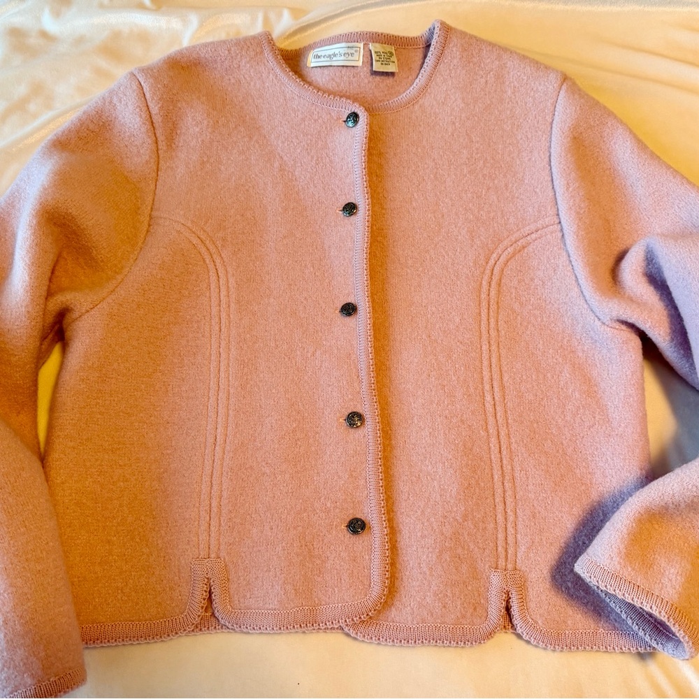 Pink boiled Wool Cardigan with silver Buttons, L/XL